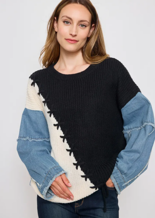 Pull en maille bi-colore avec manches en denim Ky Création