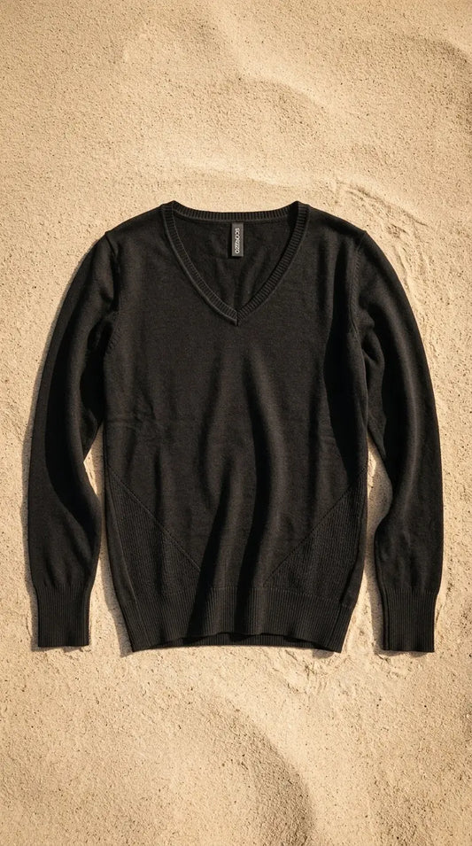 V-neck sweater — Flat Lay - Swimsuit on Sand | Generated by Modelize