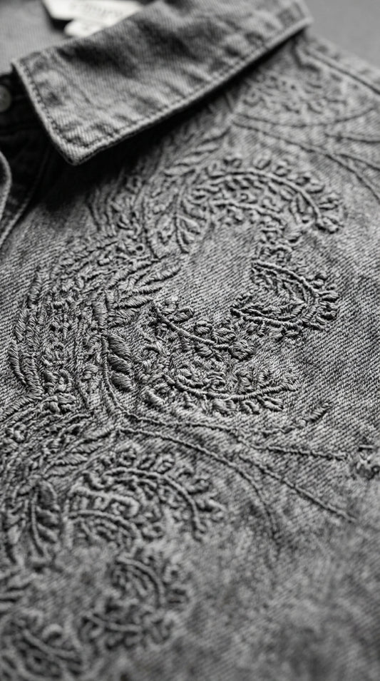 Embroidered denim shirt — Detail - Stitch Macro | Generated by Modelize