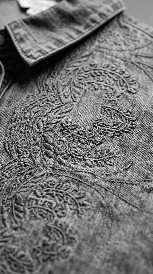 Embroidered denim shirt — Detail - Stitch Macro | Generated by Modelize