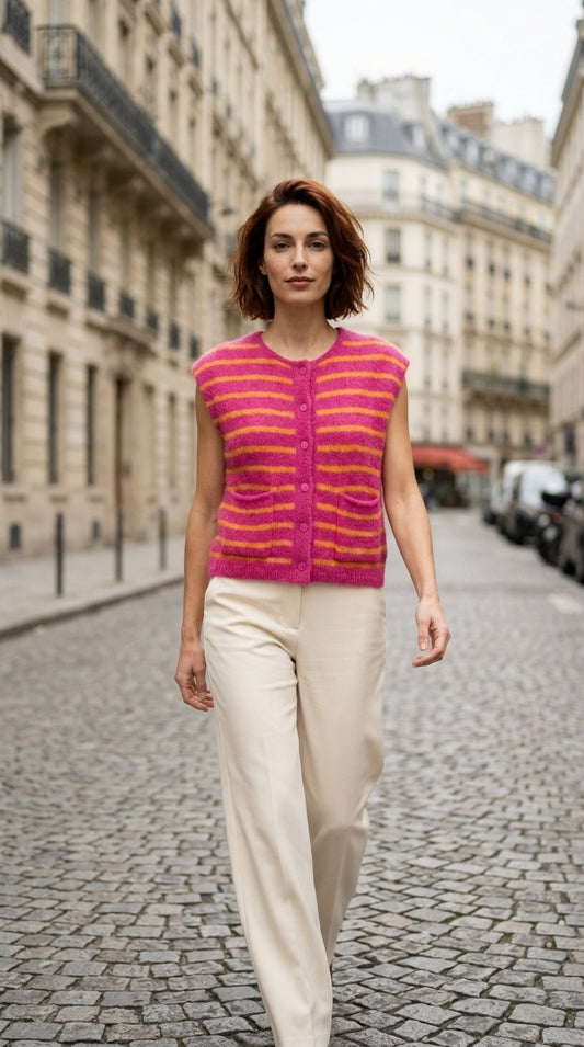 Sleeveless knit cardigan gilet — On Model - Street Style | Generated by Modelize
