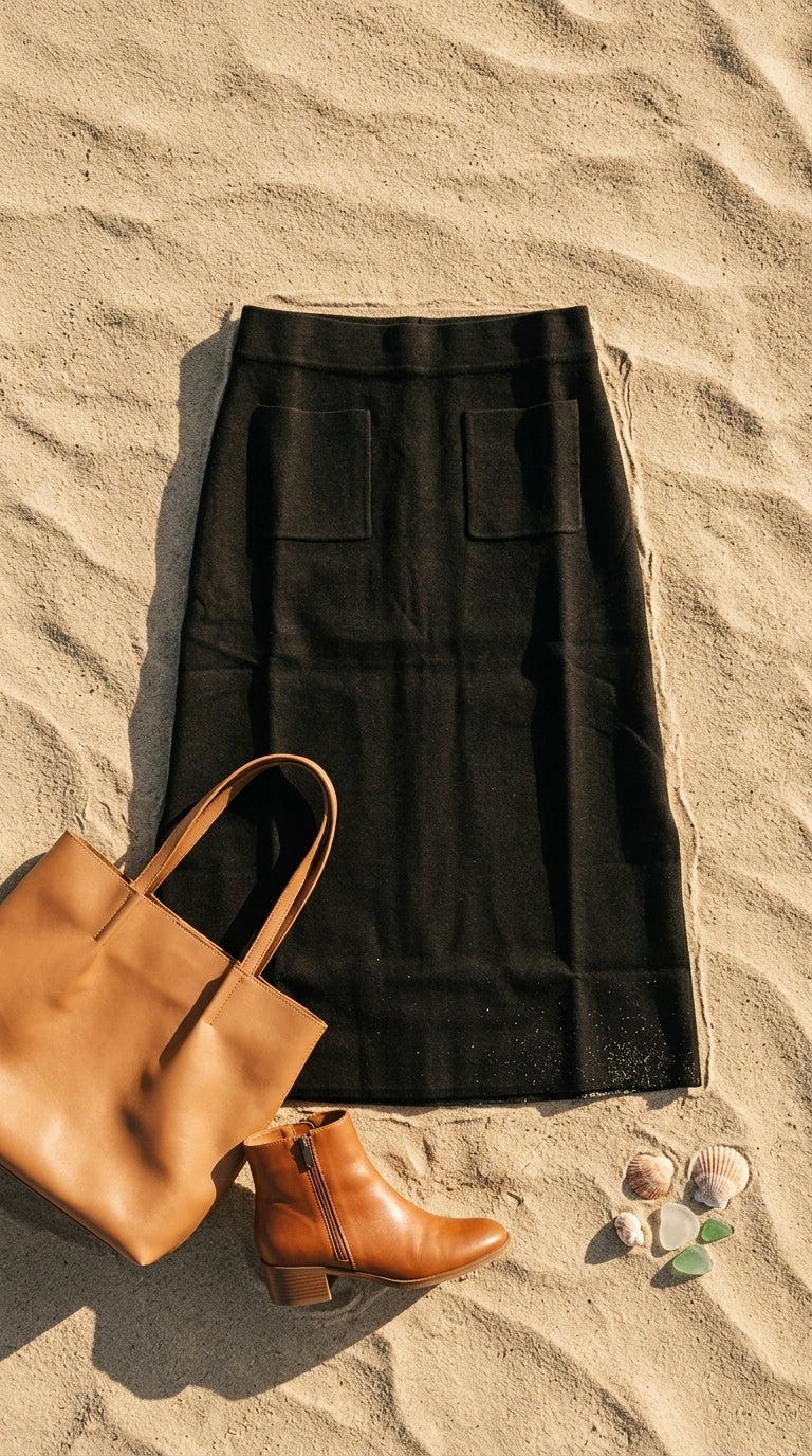 Midi skirt — Flat Lay - Swimsuit on Sand | Generated by Modelize
