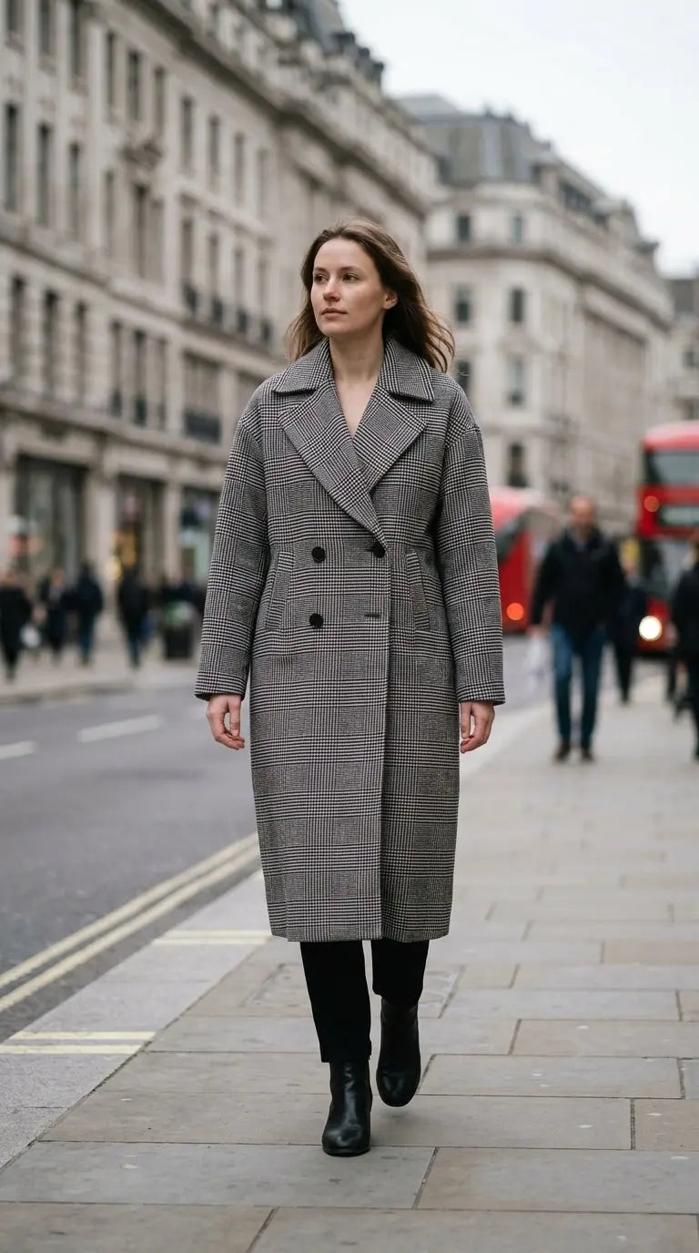 Long double-breasted coat — On Model - Street Style | Generated by Modelize