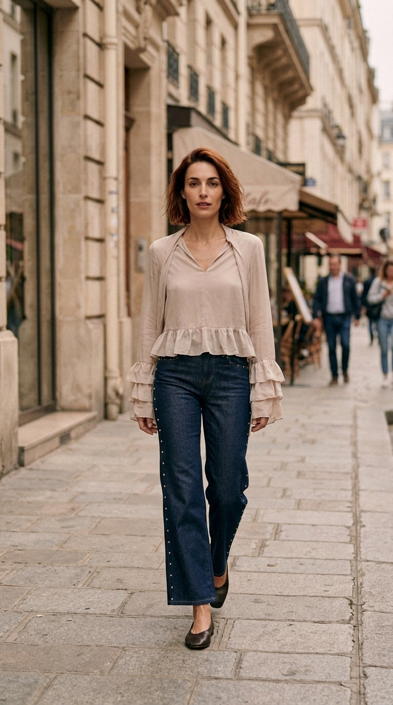 Studded denim pants — On Model - Street Style | Generated by Modelize