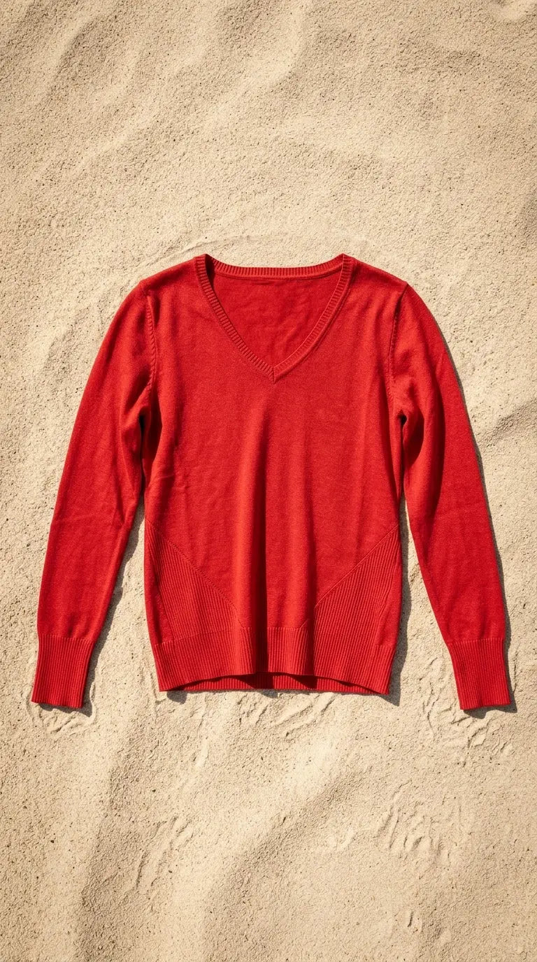 V-neck knit sweater — Flat Lay - Swimsuit on Sand | Generated by Modelize