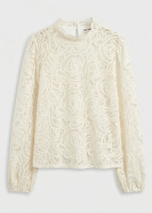 Blouse femme en dentelle blanche à manches longues, col montant, style élégant et tendance.