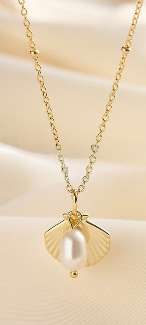 925 Silver Shell Necklace with Freshwater Pearl, 14k Real Gold Plated