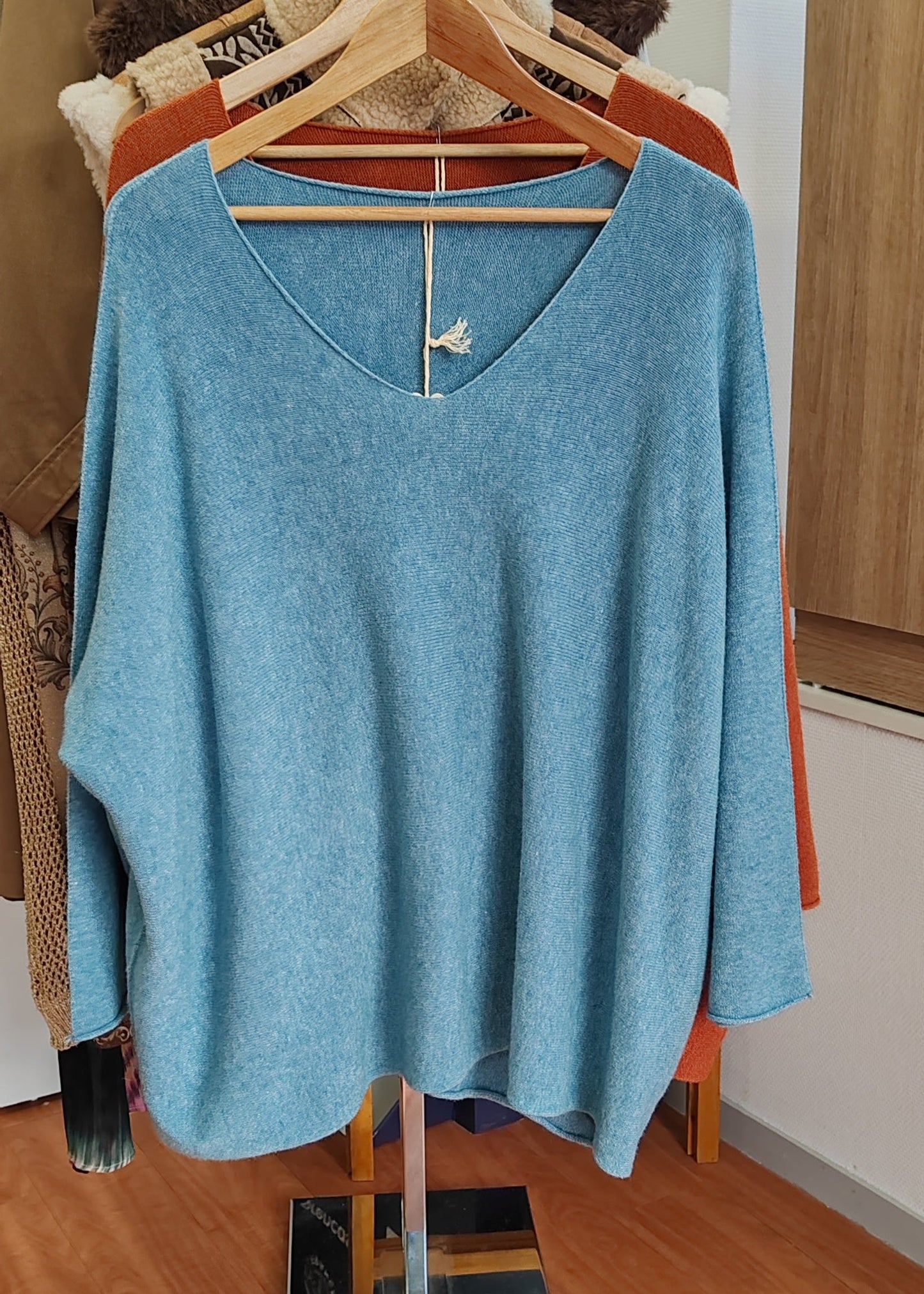 Pull Grande Taille Col V Bleu Mina rosa