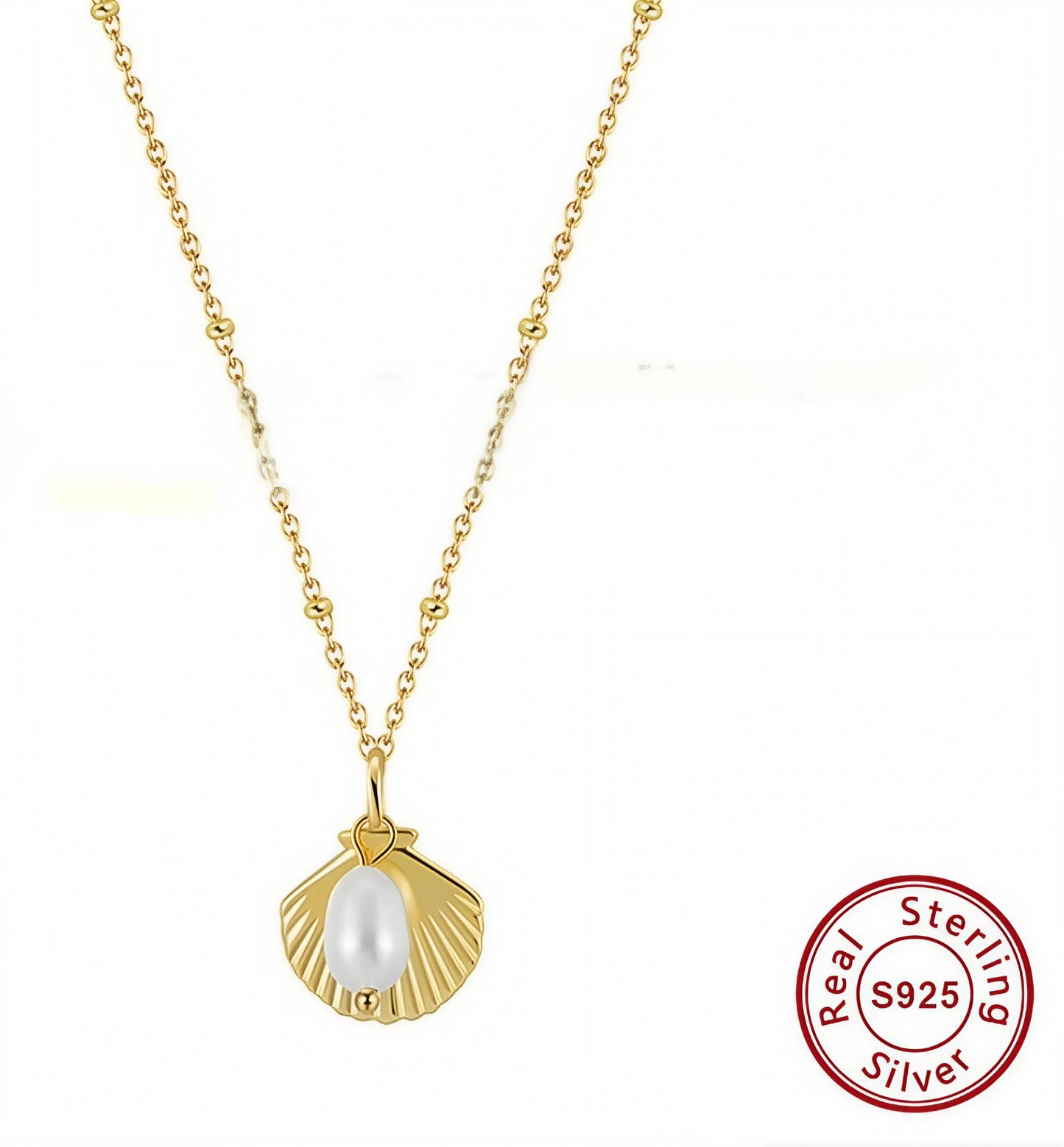 925 Silver Shell Necklace with Freshwater Pearl, 14k Real Gold Plated