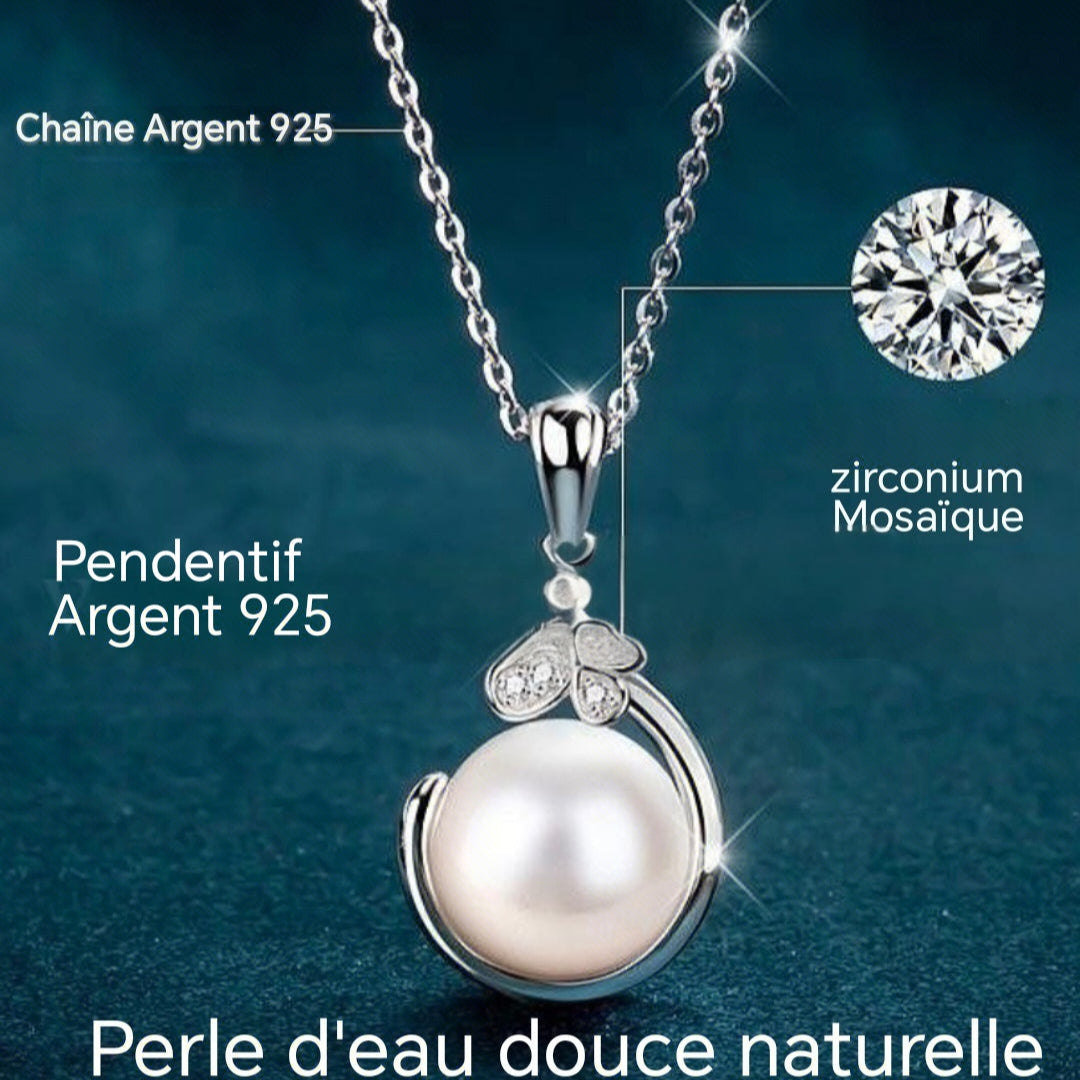925 Silver Rhodium Plated Natural Freshwater Pearl Necklace, Round with Butterfly