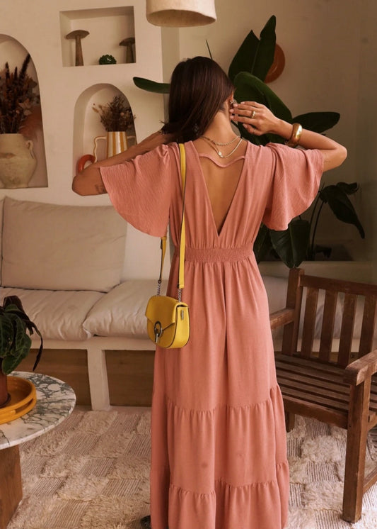Robe longue col V Rose poudré taille Curvy
