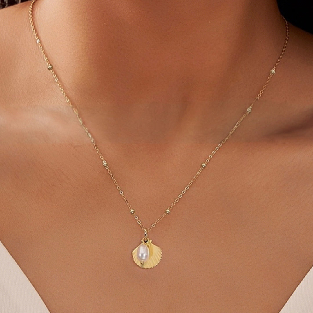 925 Silver Shell Necklace with Freshwater Pearl, 14k Real Gold Plated
