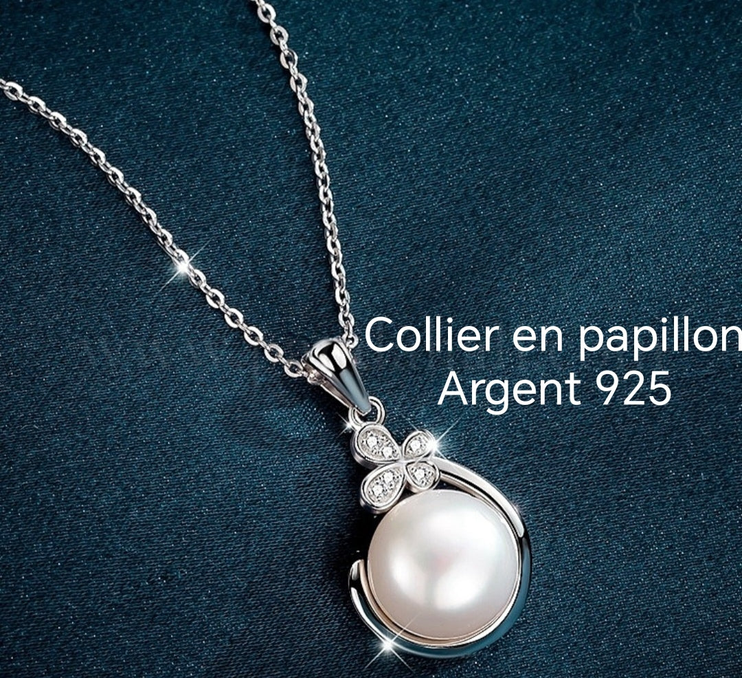 925 Argent rhodié collier perle d'eau douce naturelle, ronde avec papillon Vogue N°8