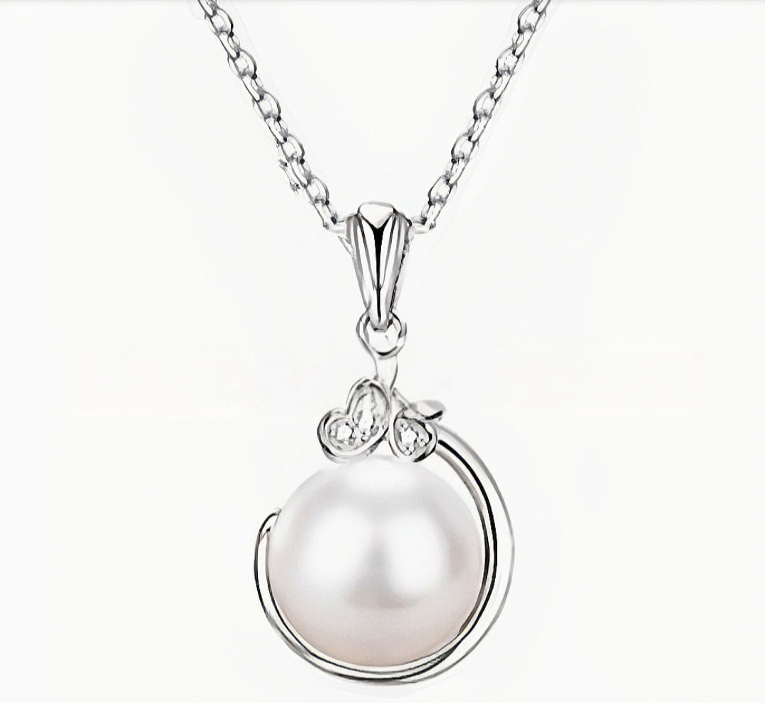 925 Silver Rhodium Plated Natural Freshwater Pearl Necklace, Round with Butterfly