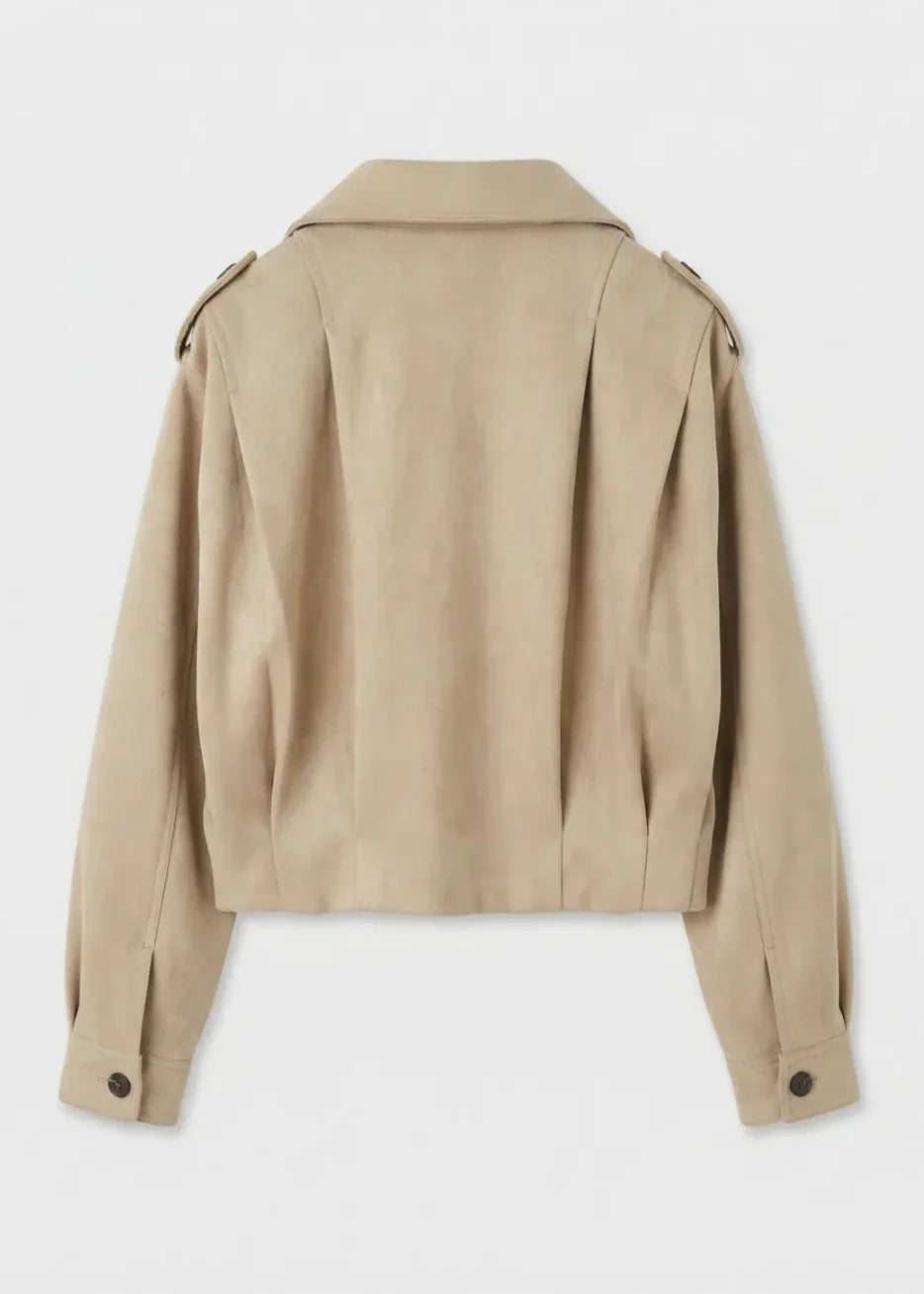Veste femme beige en suédine, dos avec épaulettes, manches longues, style tendance