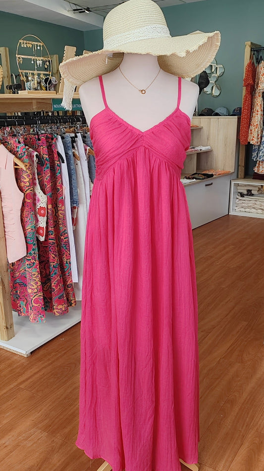 Robe FUCHSIA longue col V avec fines bretelles