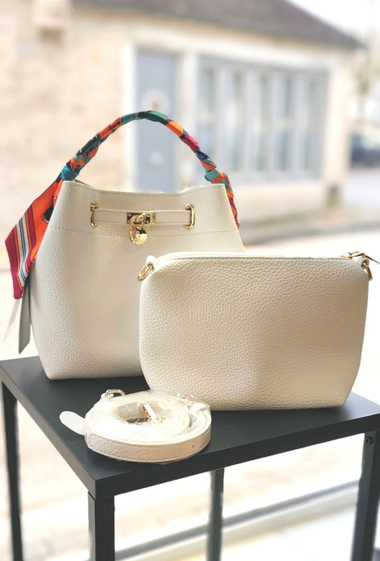 Sac à main blanc femme avec anse ruban colorée, pochette assortie et bandoulière