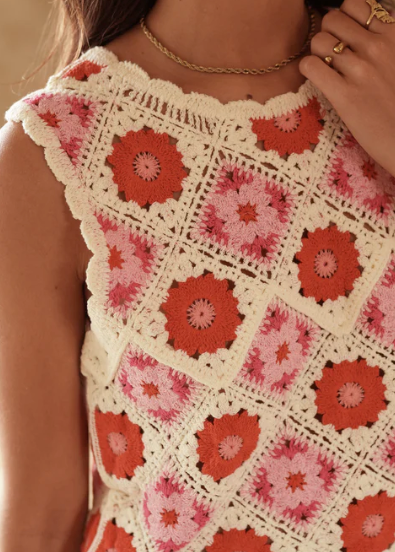 Top été femme crochet floral en coton – Sans manches, léger, rose & rouge