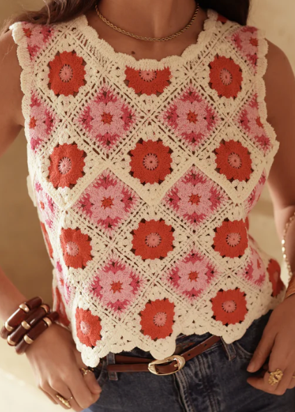 Top été femme crochet floral en coton – Sans manches, léger, rose & rouge