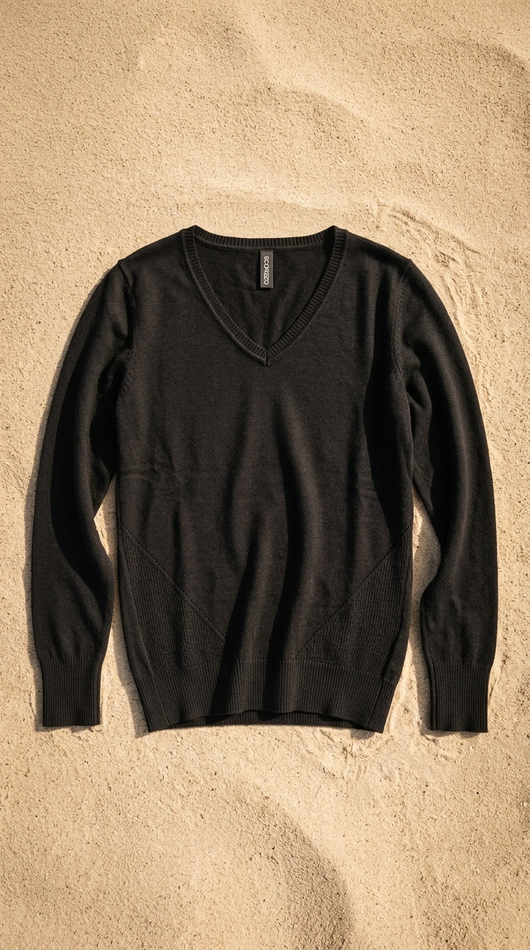V-neck sweater — Flat Lay - Swimsuit on Sand | Generated by Modelize