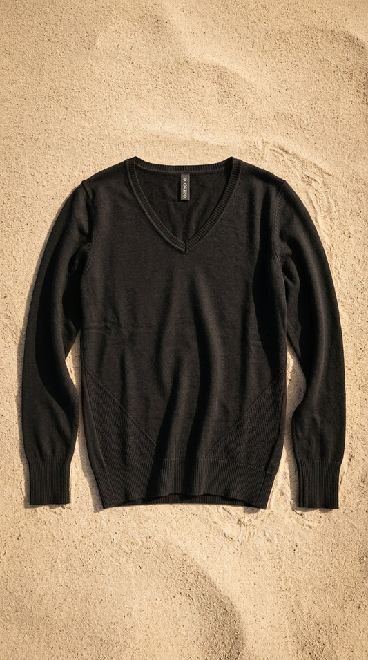 V-neck sweater — Flat Lay - Swimsuit on Sand | Generated by Modelize