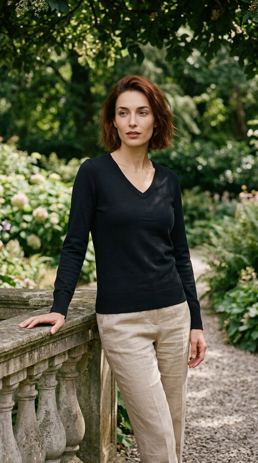 V-neck sweater — On Model - Botanical Editorial | Generated by Modelize