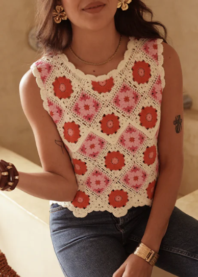 Top été femme crochet floral en coton – Sans manches, léger, rose & rouge
