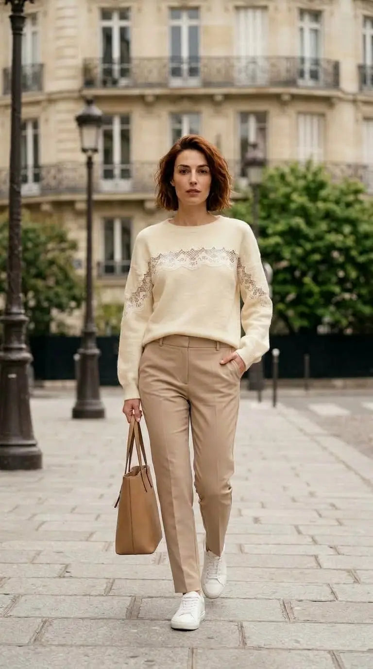 Pull blanc col rond avec dentelle – Printemps femme — On Model - Street Style | Generated by Modelize