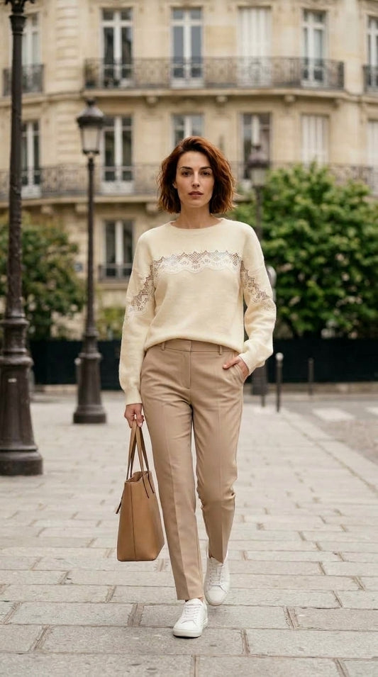 Pull blanc col rond avec dentelle – Printemps femme — On Model - Street Style | Generated by Modelize