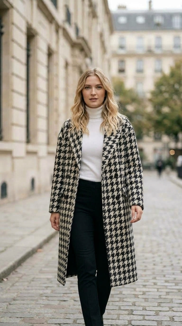 Manteau Pied-de-poule — On Model - Street Style | Generated by Modelize