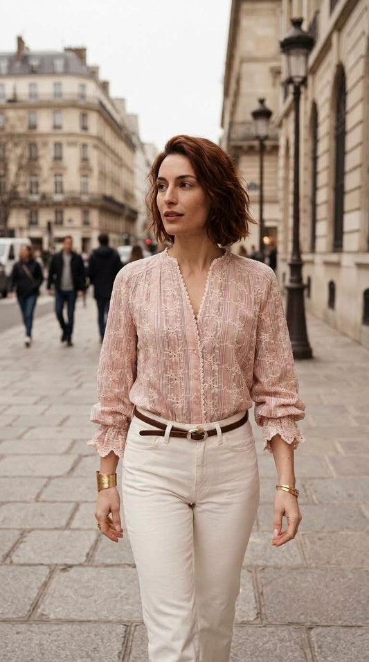 Blouse Rose Élégante Brodée – Style Chic et Intemporel — On Model - Street Style | Generated by Modelize