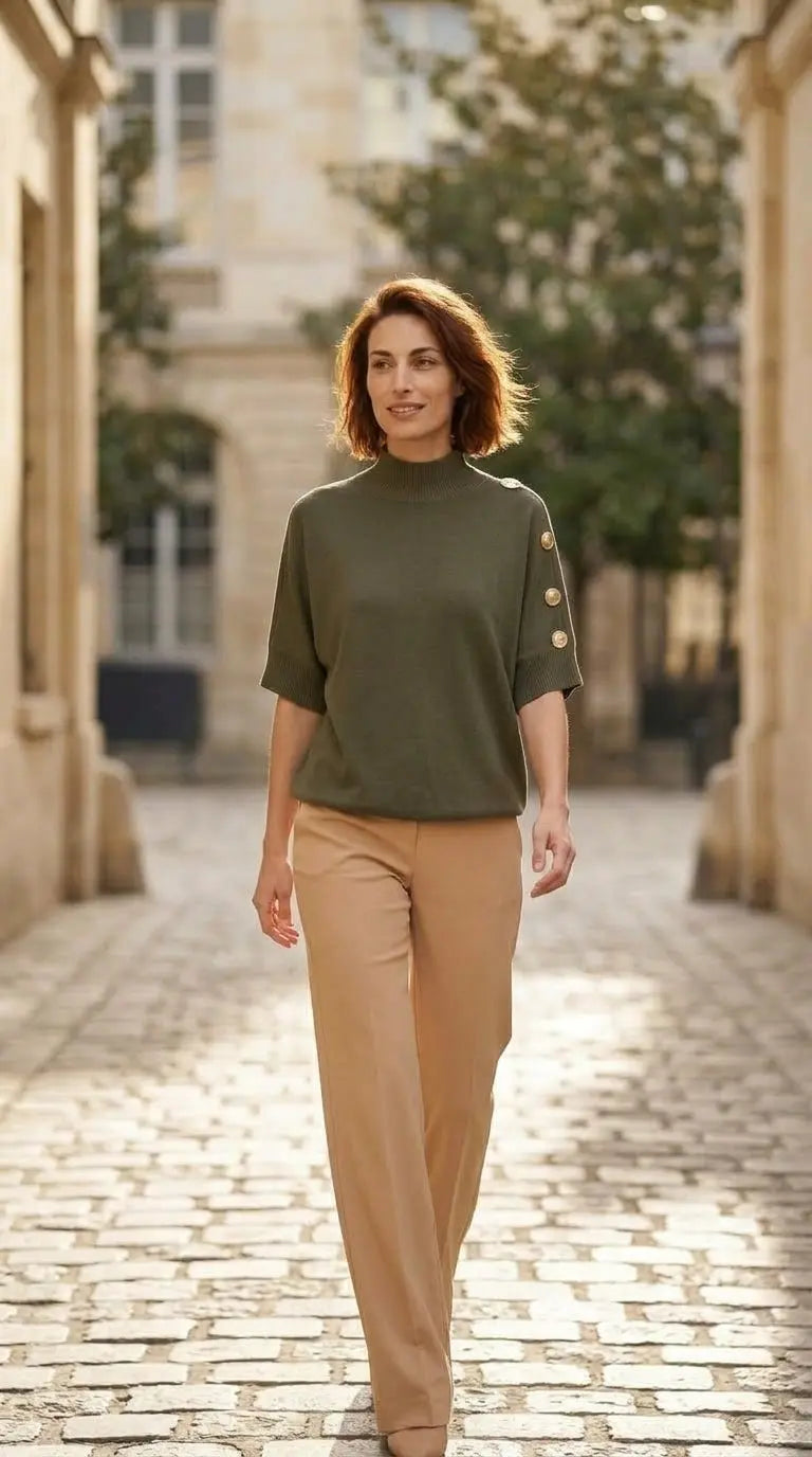 Pull à manches courtes décontracté avec boutons métallisés – Style chic et confortable — On Model - Outdoor | Generated by Modelize