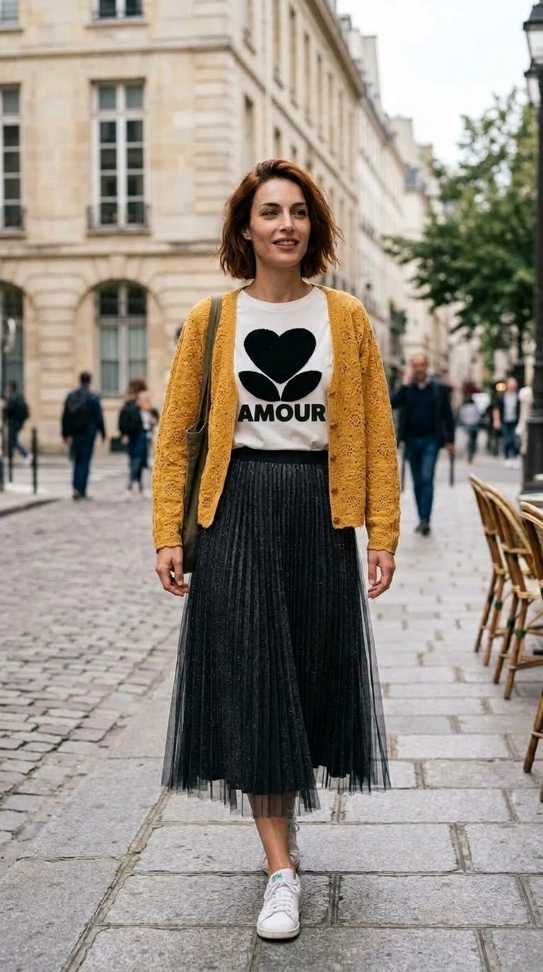 Tendresse Automnale - Crochet,Tulle paille & Motif Amour — On Model - Street Style | Generated by Modelize