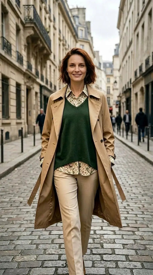 Superposition Forêt — Pull vert col V & chemise imprimée — On Model - Street Style | Generated by Modelize