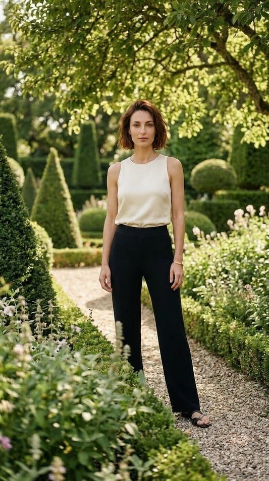 Pantalon en maille large fluide et confortable — SCORZZO — On Model - Botanical Editorial | Generated by Modelize