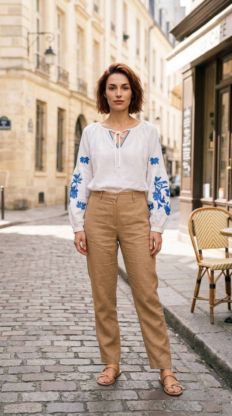 Embroidered linen blouse — On Model - Street Style | Generated by Modelize