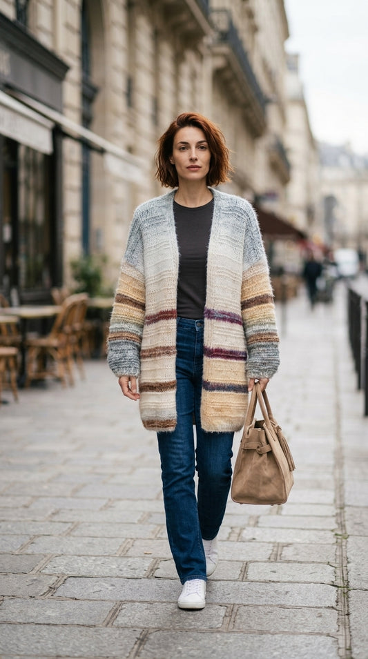 Mid-length open-front cardigan — On Model - Street Style | Generated by Modelize