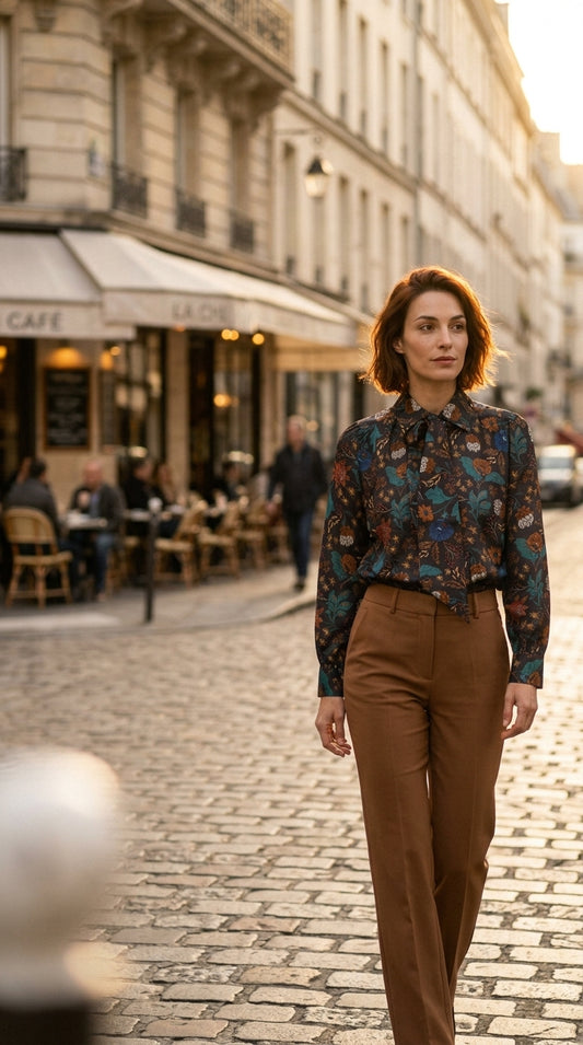 Pussy-bow floral blouse — On Model - Outdoor | Generated by Modelize