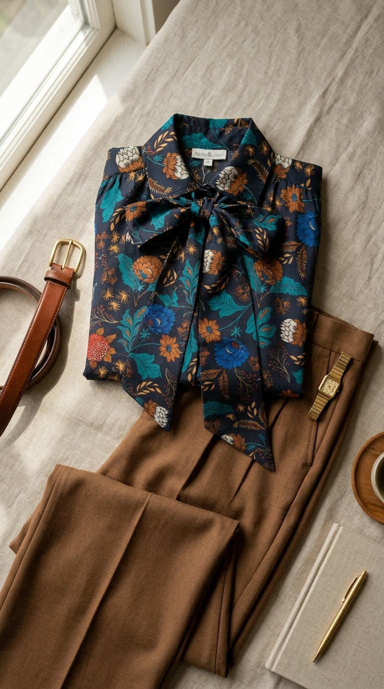Pussy-bow floral blouse — Flat Lay - Styled | Generated by Modelize