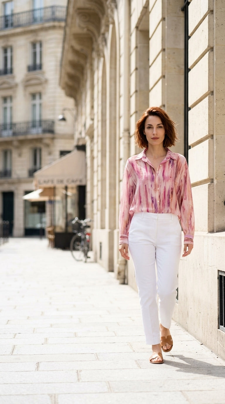 Long-sleeve printed blouse — On Model - Street Style | Generated by Modelize