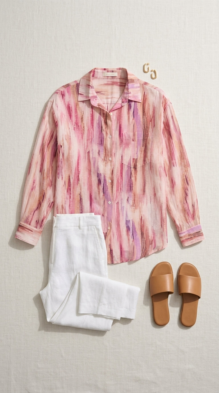 Printed long-sleeved blouse — Flat Lay - Plated Food | Generated by Modelize