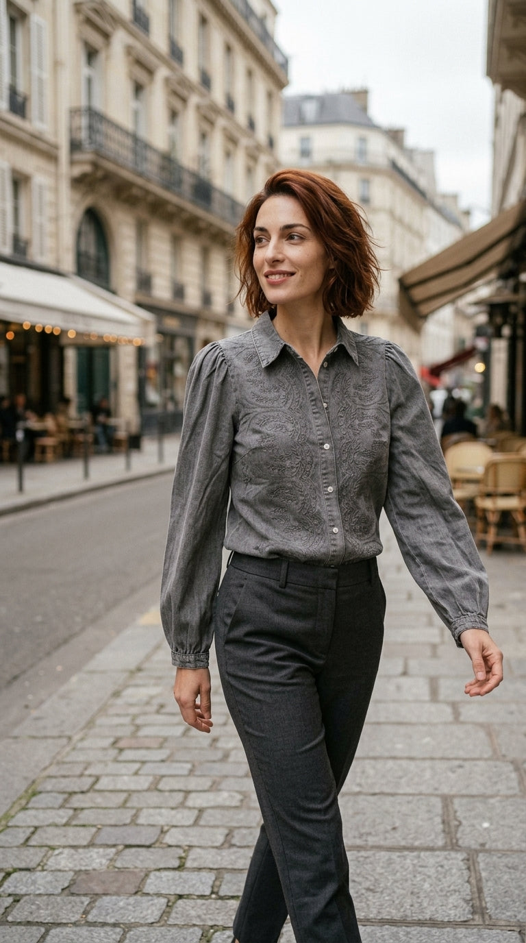 Embroidered denim shirt — On Model - Street Style | Generated by Modelize