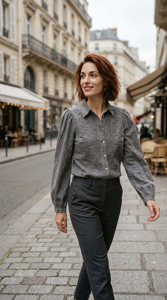 Embroidered denim shirt — On Model - Street Style | Generated by Modelize