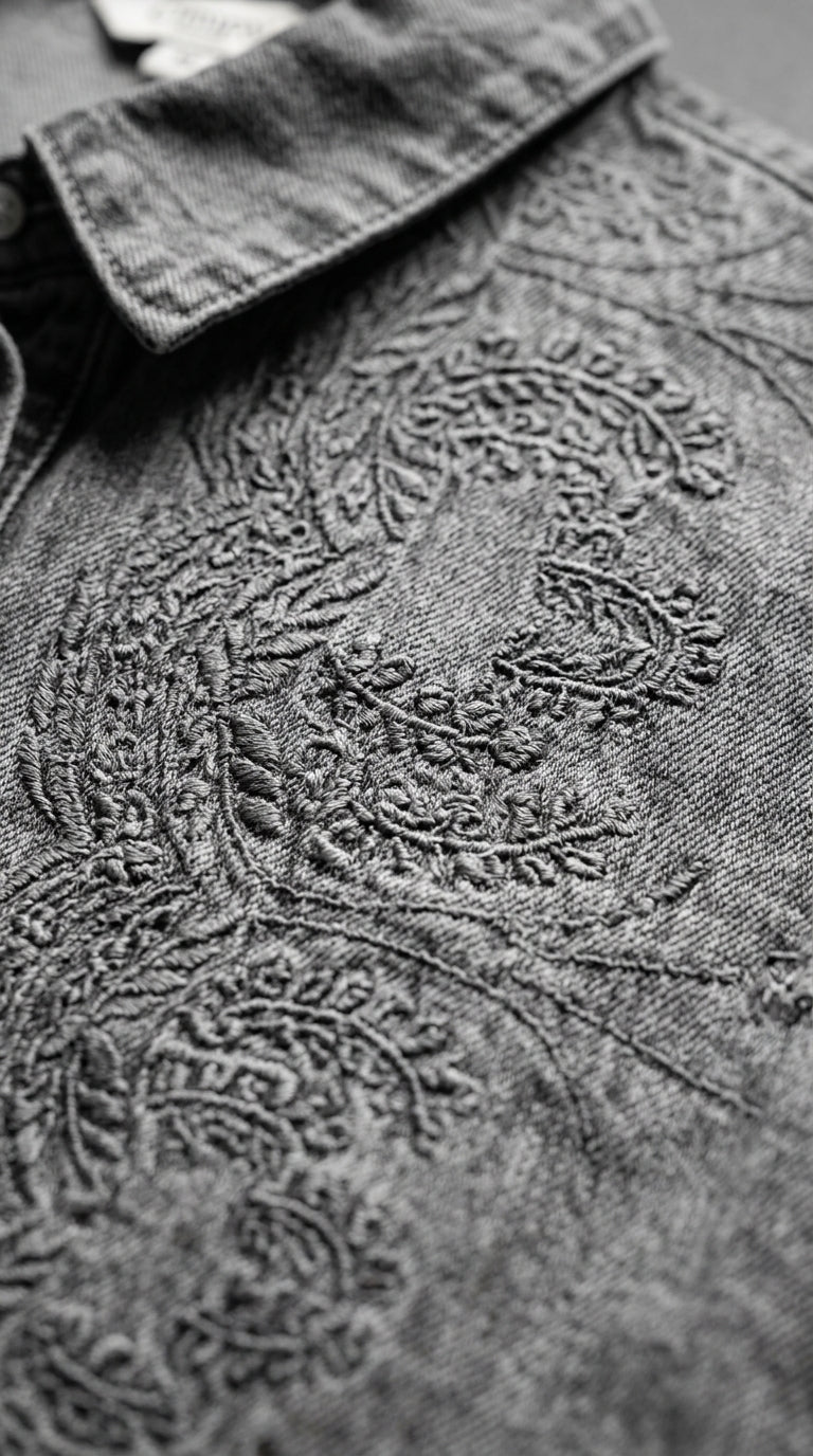 Embroidered denim shirt — Detail - Stitch Macro | Generated by Modelize