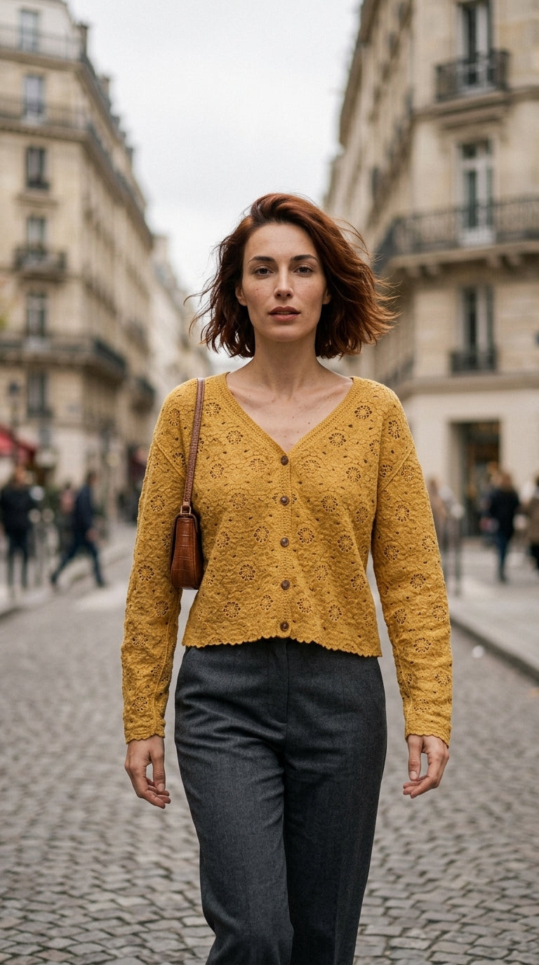 Openwork knit cardigan — On Model - Street Style | Generated by Modelize