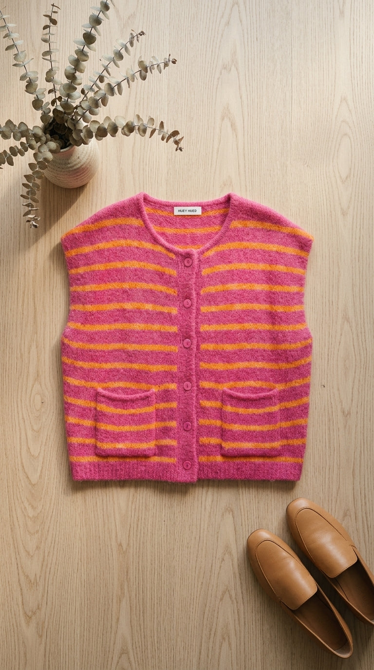 Sleeveless knitted cardigan vest — Flat Lay - Styled | Generated by Modelize