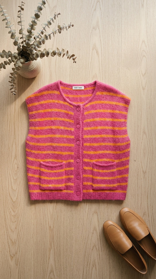 Sleeveless knitted cardigan vest — Flat Lay - Styled | Generated by Modelize
