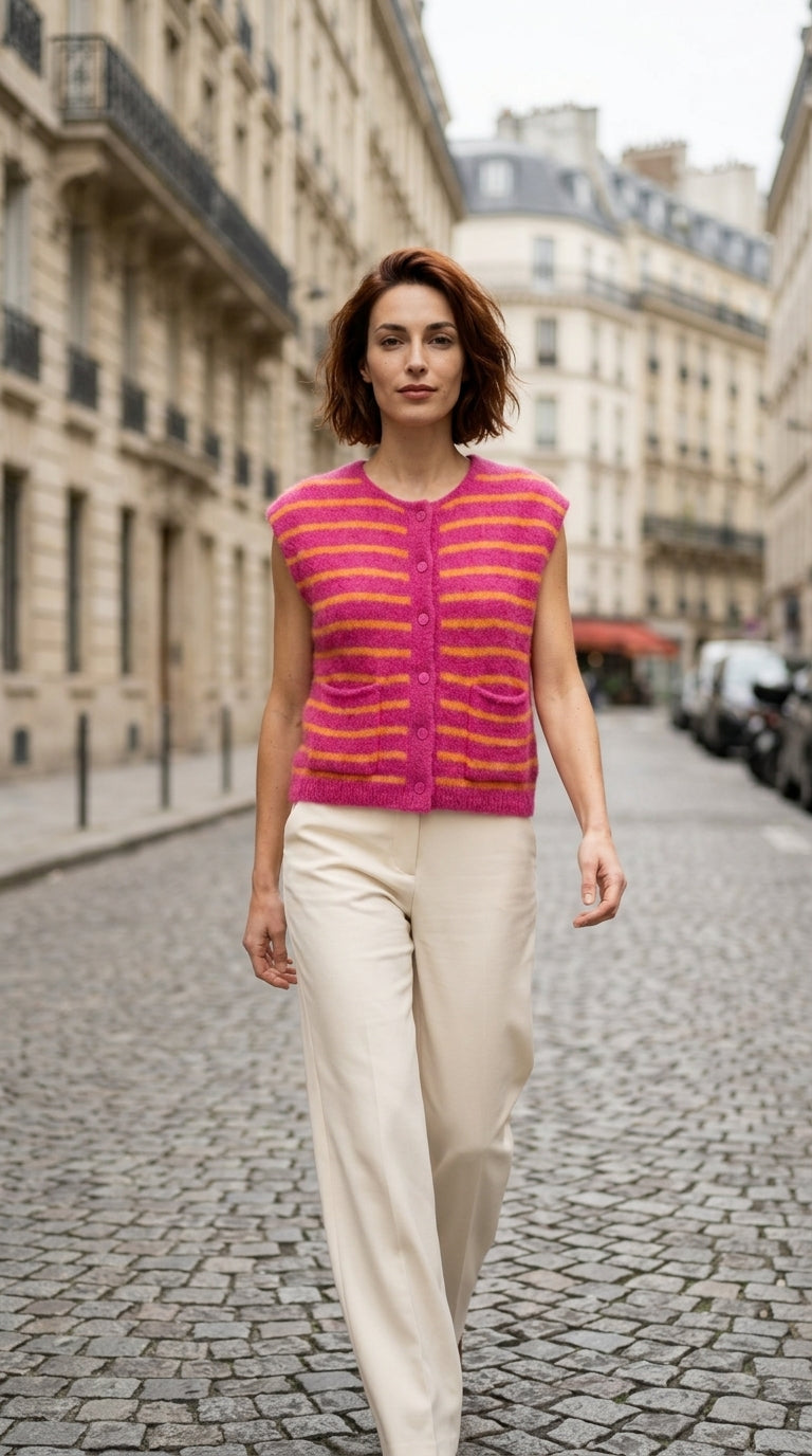 Sleeveless knit cardigan gilet — On Model - Street Style | Generated by Modelize