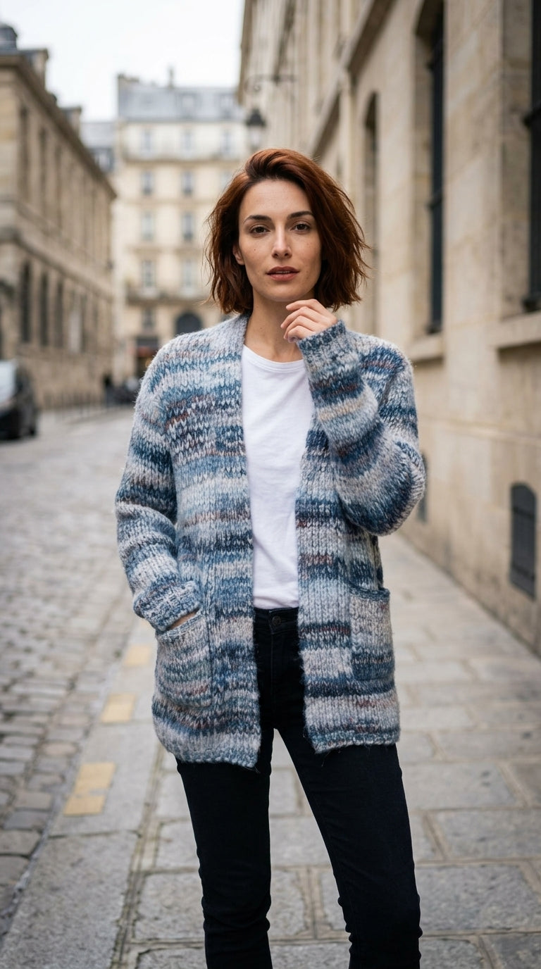 Chunky knit cardigan — On Model - Street Style | Generated by Modelize