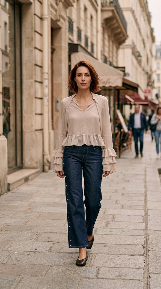 Studded denim pants — On Model - Street Style | Generated by Modelize